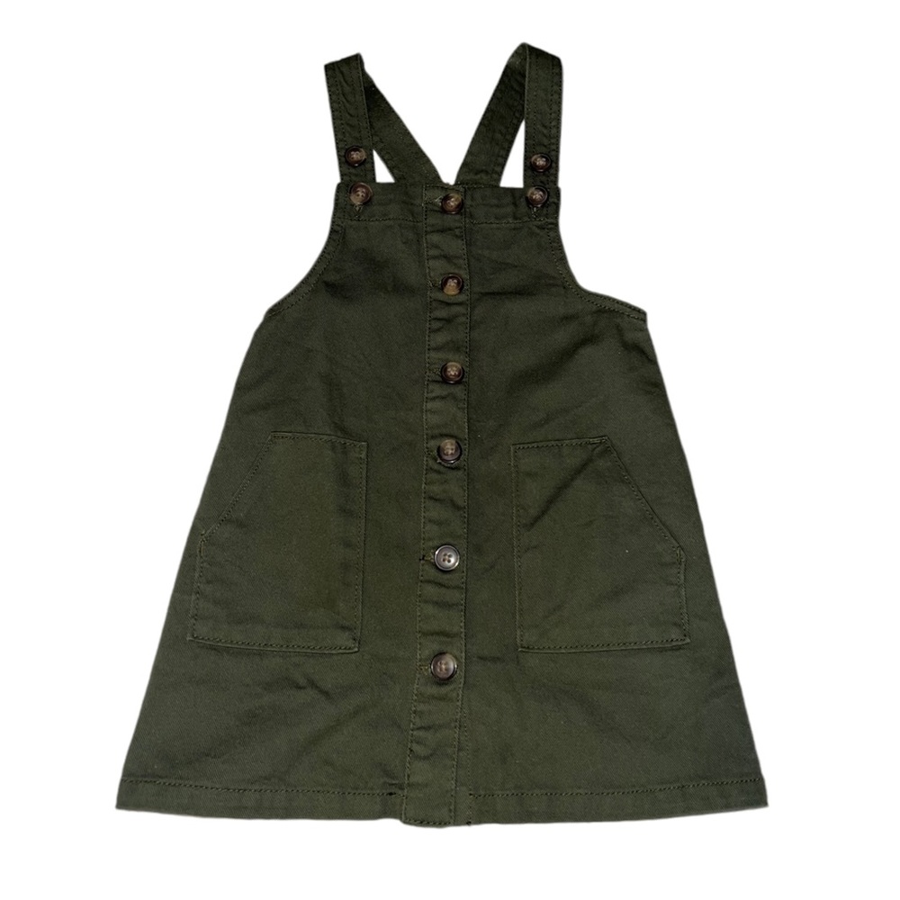 Olive green toddler girl dress overalls button up